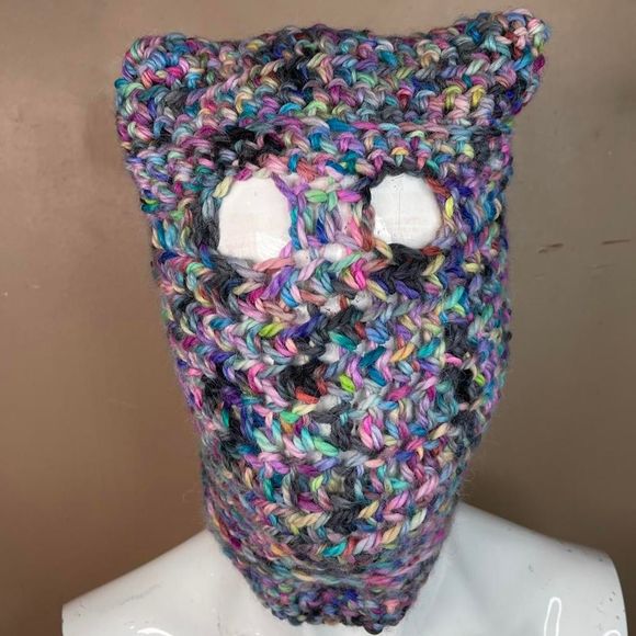 balaclava cat ears ski mask knit crochet rainbow helmet - Picture 2 of 4